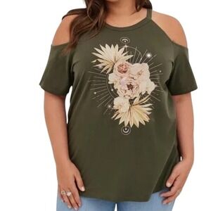 Torrid Olive Green Celestial Floral Graphic Cold Shoulder Tee Plus Size 2X
